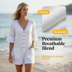 Aarenza women's summer V-neck jumpsuit featuring bell sleeves, made of lightweight fabric, displayed on a hanger.