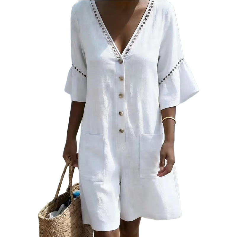Women's summer V-neck jumpsuit with bell sleeves by Arenzza, featuring a stylish and comfortable sleeveless design.