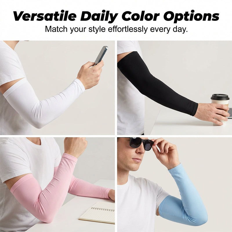 A pair of unisex Arenzza UV protection cooling arm sleeves in light blue, designed for sun protection and cooling comfort.