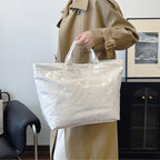 Aarenza women's retro tote bag with colorful letter print, featuring sturdy handles and spacious design for everyday use.