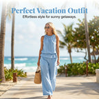 Aarenza women's sleeveless smocked neck top and matching pants set, casual clothing with a stylish, relaxed fit.