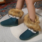 Women's slip-on plush snow ankle booties by Arenzza featuring soft, warm fabric and non-slip soles for winter wear.