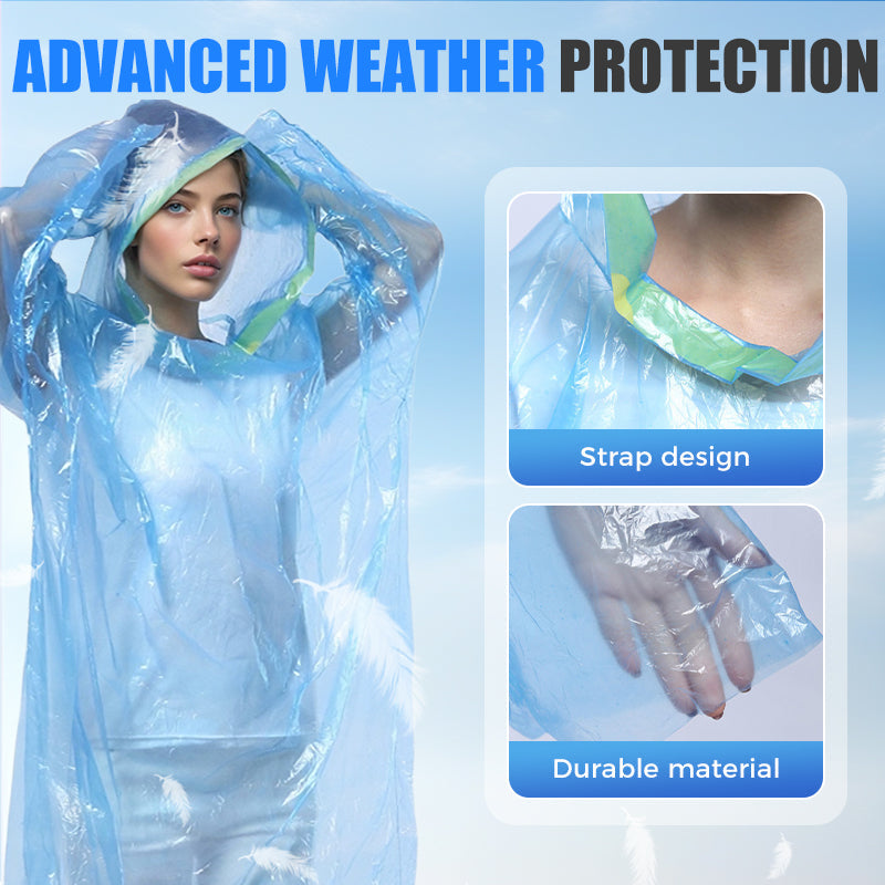 Arenzza disposable rain ponchos for kids and adults, lightweight waterproof clothing and accessories, shown in bright colors.