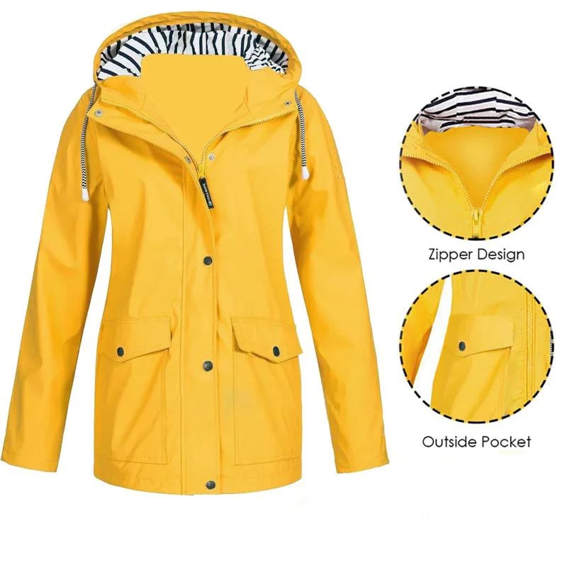 Aarenza women's waterproof and windproof jacket in black, featuring a hood and front zipper, designed for outdoor protection.