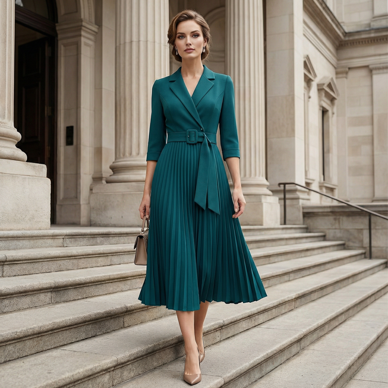A woman wearing an elegant V-neck pleated dress with a belt by Arenzza, showing the dress's flowing fabric and stylish design.