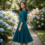 A woman wearing an elegant Arenzza V-neck pleated dress with a matching belt, showcasing a stylish, flowing silhouette.