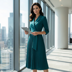 Aarenza elegant v-neck pleated dress with belt, showcasing a flowing design and sophisticated style in a stylish clothing image.