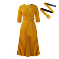 A woman wearing an elegant Arenzza V-neck pleated dress with a belt, showcasing its flowing fabric and sophisticated style.