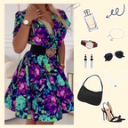 A woman wearing a floral print V-neck mini dress by Arenzza, perfect for summer, featuring bright, colorful floral patterns.