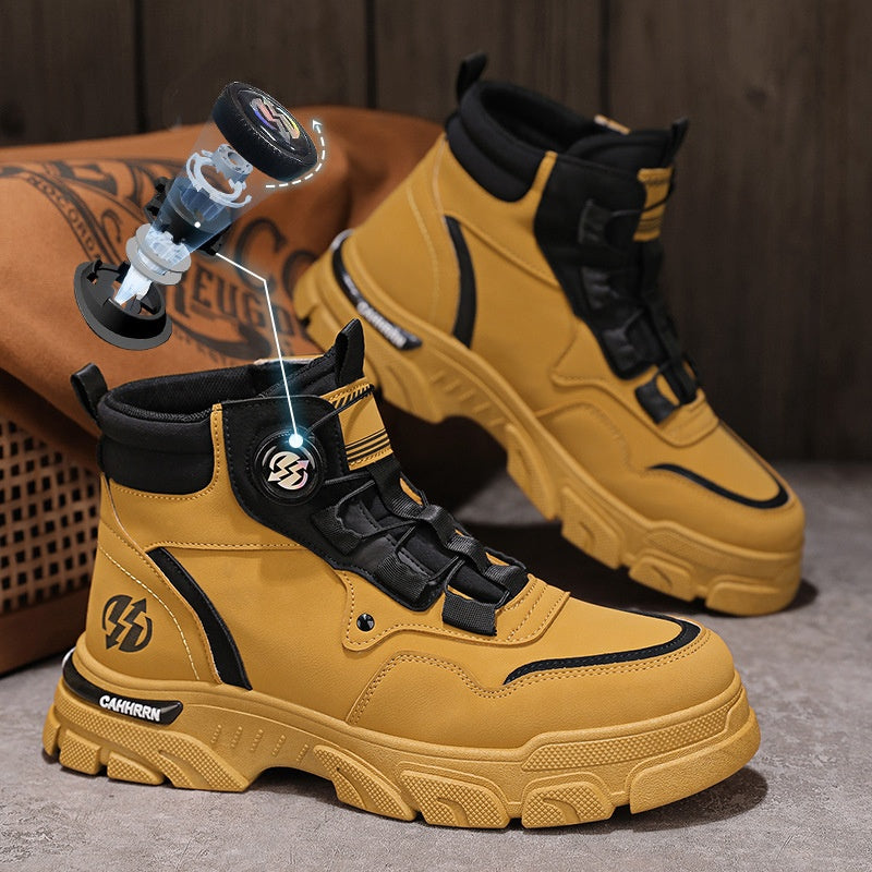A pair of men's outdoor work shoes by Arenzza with swivel buckle, waterproof, anti-slip soles, and breathable design.