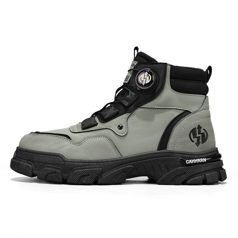 A pair of Arenzza men's outdoor swivel buckle work shoes in black, featuring waterproof, anti-slip, and breathable design.