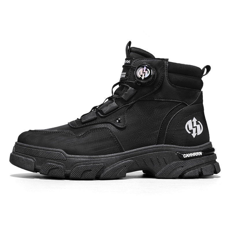 A pair of Arenzza men's outdoor work shoes with waterproof, anti-slip soles, breathable material, and swivel buckle design.