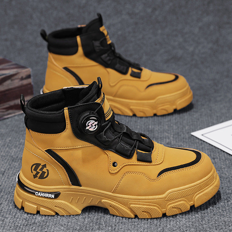 A pair of Arenzza men's outdoor work shoes with waterproof, anti-slip soles, breathable design, and swivel buckle for comfort.