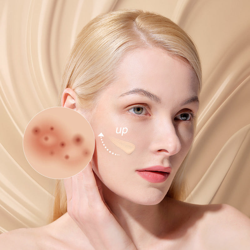 Arenzza 2-in-1 foundation and anti-wrinkle concealer in a sleek tube, showcasing smooth, blended makeup for a flawless finish.
