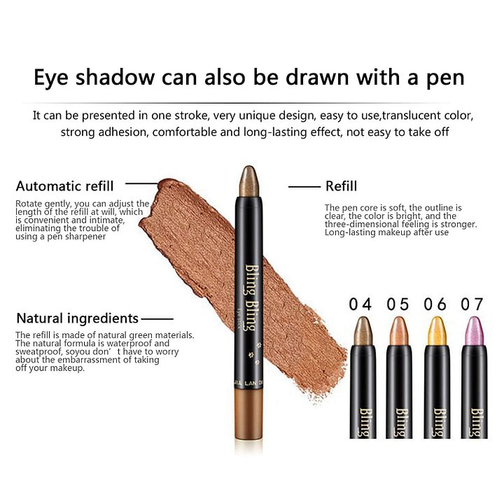 Arenzza 15-color waterproof glitter eyeshadow pencil with eyeliner tip, vibrant colors and shimmery finish for eye makeup.