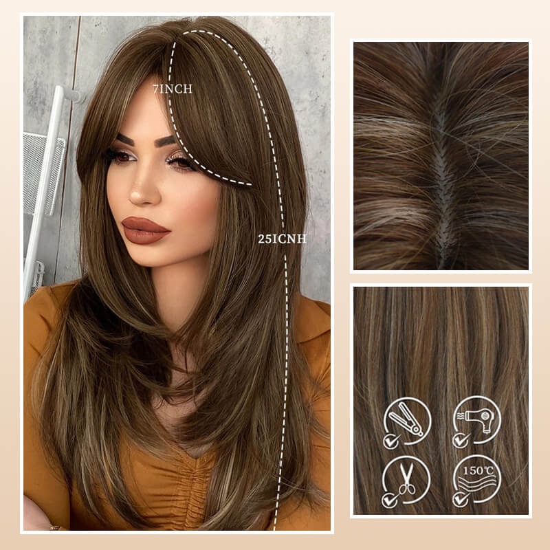 Arenzza long layered wig with bangs, showcasing shiny, natural-looking hair for cosmetic styling and versatile fashion looks.