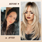 A long layered wig with bangs from Arenzza, featuring natural-looking long hair, ideal for cosmetics and styling.