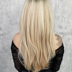 Arenzza long layered wig with bangs, showcasing shiny hair and natural style, ideal for cosmetics and styling.