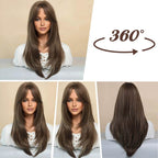 A long layered wig with bangs in natural hair color, displayed on a mannequin head, by Arenzza cosmetics brand.