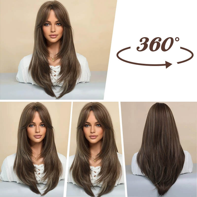 A long layered wig with bangs in natural hair color, displayed on a mannequin head, by Arenzza cosmetics brand.