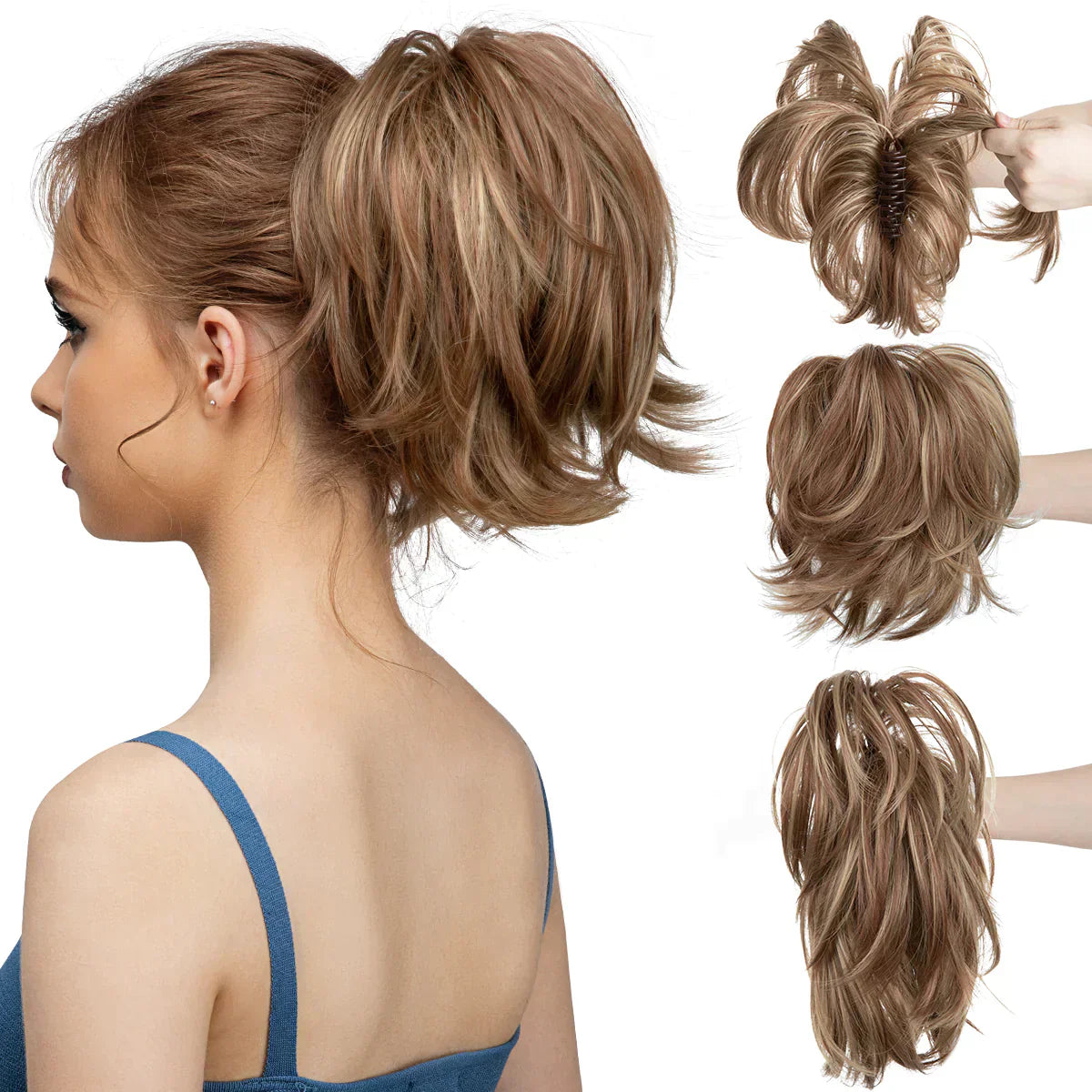 Arenzza synthetic claw clip-in ponytail hair extensions with a hair bun, DIY hairpiece for easy hair styling.