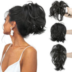 Arenzza synthetic claw clip-in ponytail hair extension with a hair bun style, showcasing a natural-looking DIY hairpiece.