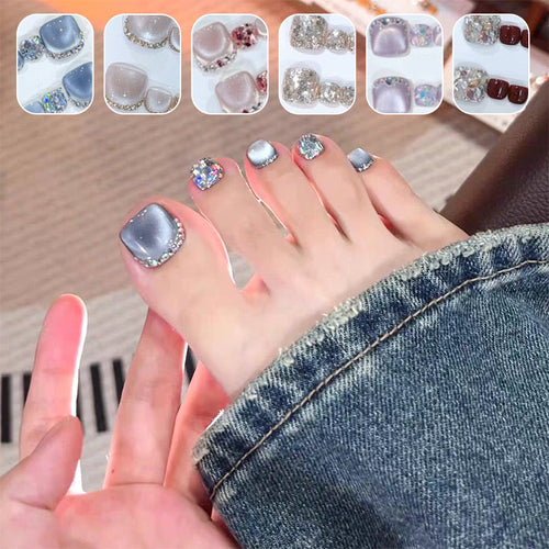 A set of 14 square press-on toenails by Arenzza displayed on a white background, showcasing their glossy finish and natural nail shape.