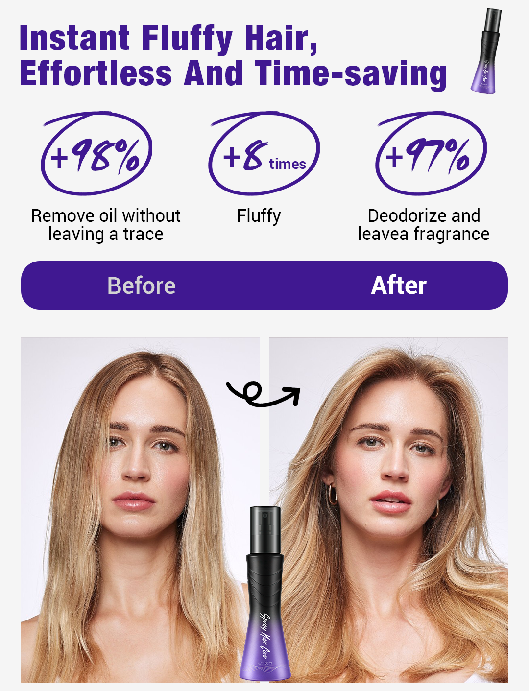Arenzza leave-in hair spray for volume and refreshment, non-sticky cosmetic spray with a clear bottle and spray nozzle.