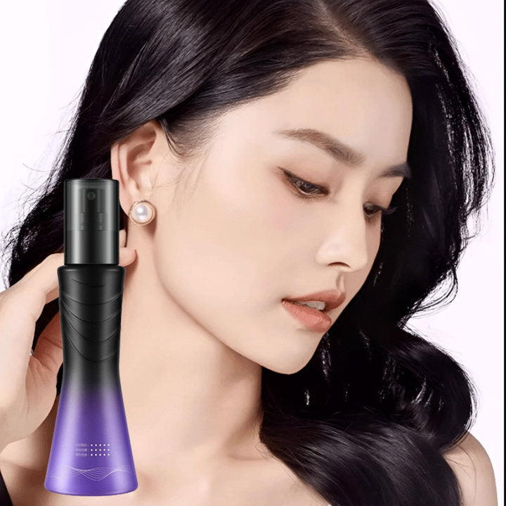 Arenzza leave-in hair spray, refreshing and volumizing, shown in a clear spray bottle with a white cap and colorful label.