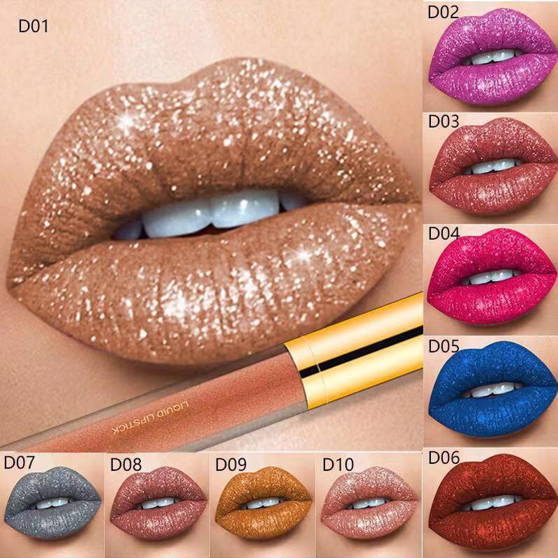 Arenzza Metallic Liquid Diamond Glitter Lipstick in silver with a shiny, shimmering finish, showing the product applicator and packaging.