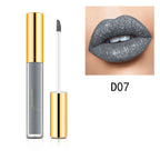 Arenzza Metallic Liquid Diamond Glitter Lipstick with shimmering, metallic finish, showcasing a vibrant, glossy lip makeup look.