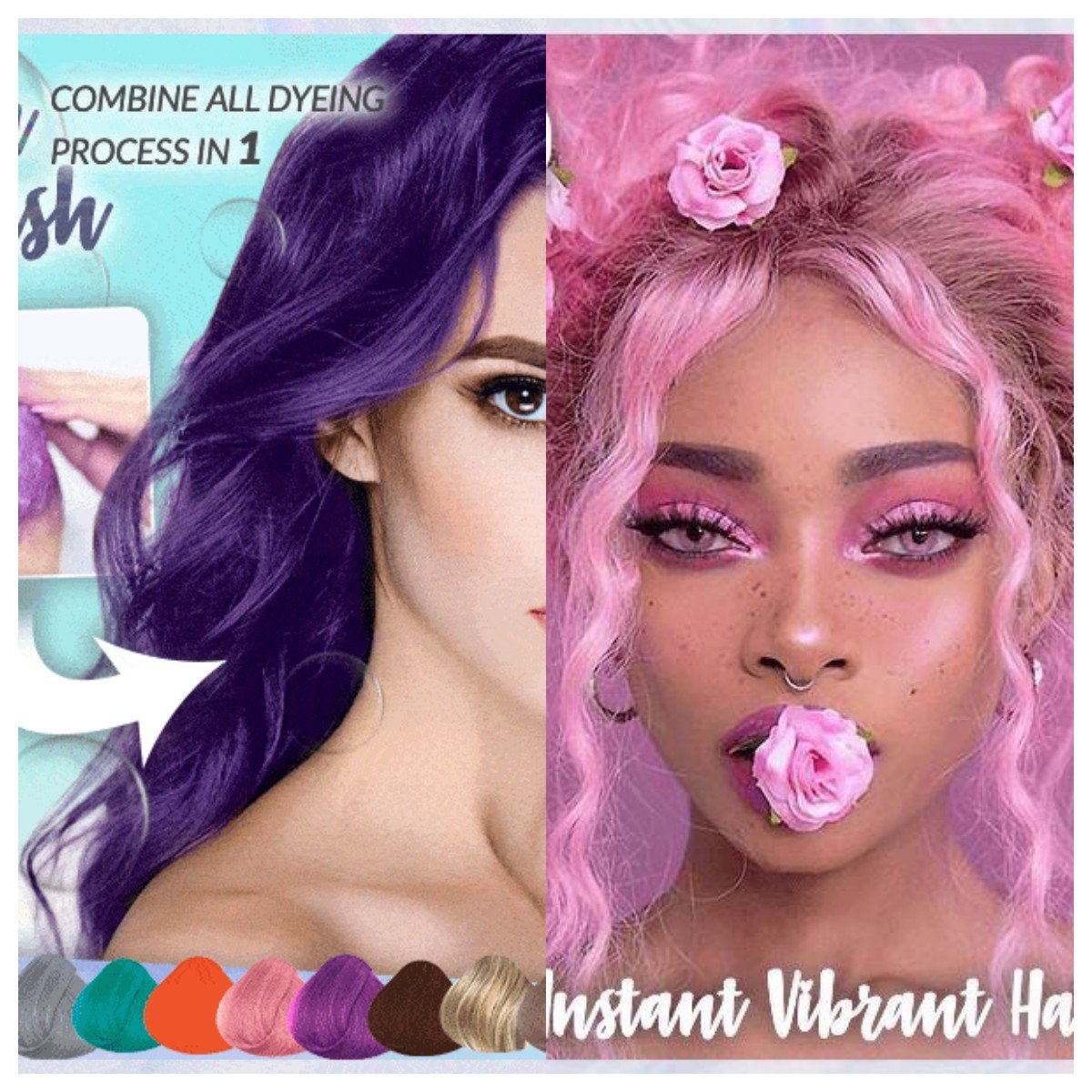 Arenzza bleach-free nourishing hair dye in a vibrant tube, displaying smooth, colorful hair application on a model.
