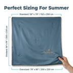 Diagram showing the six dimensions of the Arenzza Ice Silk Sleep Blanket, illustrating size options and features.