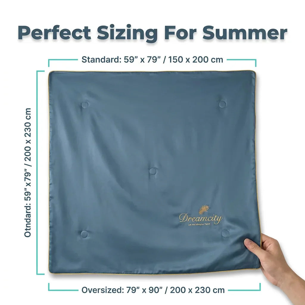 Diagram showing the six dimensions of the Arenzza Ice Silk Sleep Blanket, illustrating size options and features.