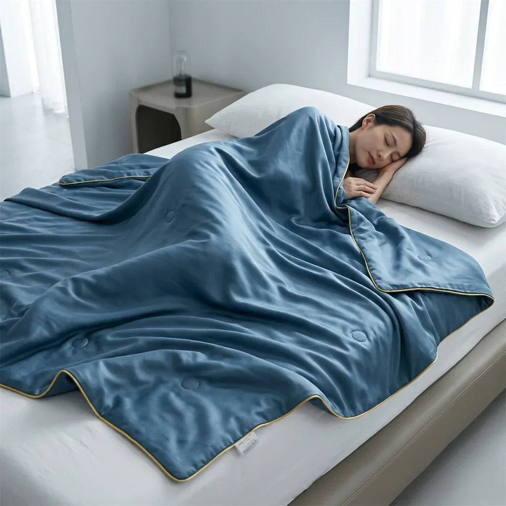 A person relaxing with the Arenzza Ice Silk Sleep Blanket, showcasing its cooling and lightweight fabric in a cozy bedroom setting.
