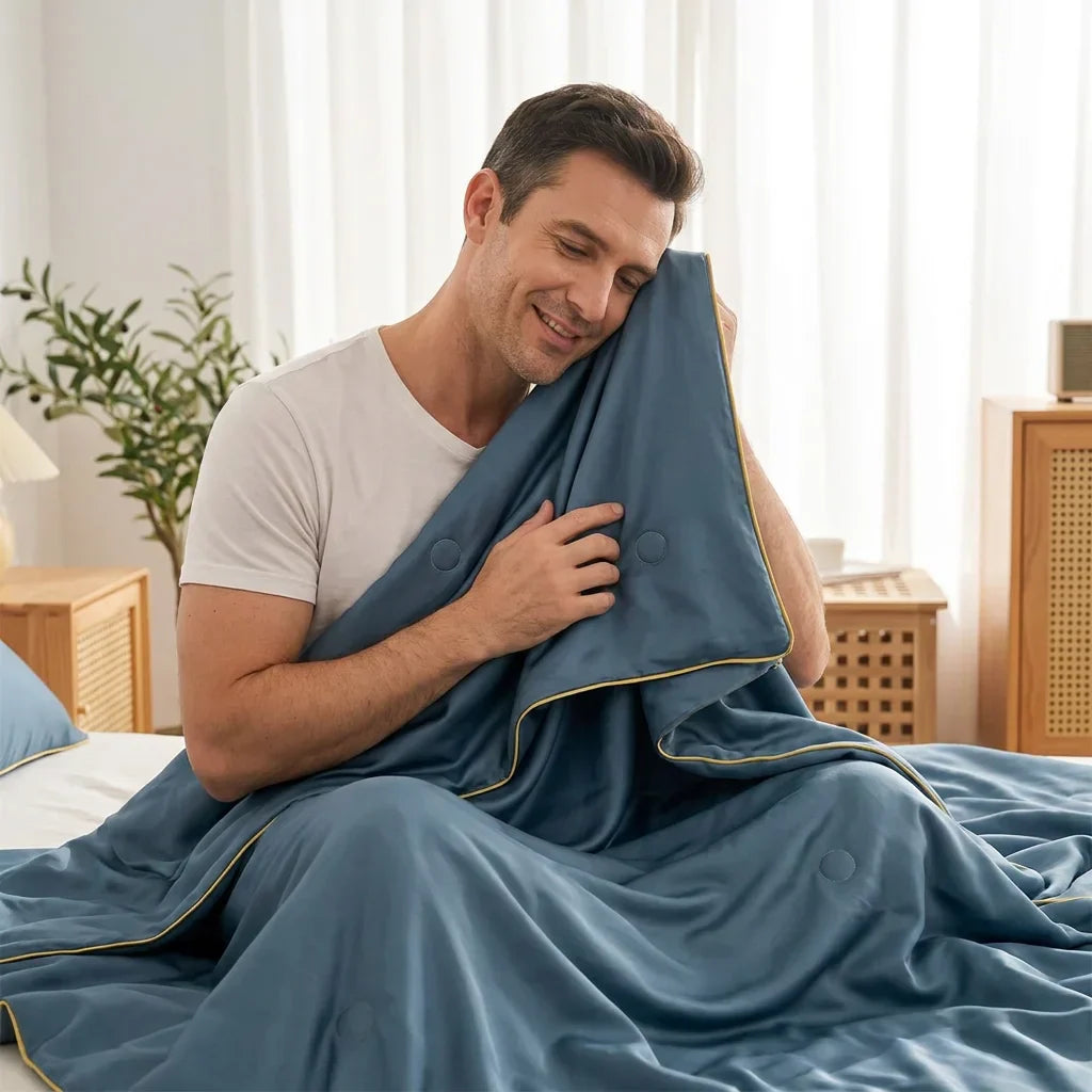 A person relaxing with the Arenzza Ice Silk Sleep Blanket, showcasing its cooling and lightweight fabric in a cozy bedroom setting.