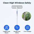 Aarenza 2-in-1 window cleaner spray with a squeegee and sponge, showing a streak-free shine on glass surface.