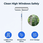 Aarenza 2-in-1 window cleaner spray with a squeegee and sponge, showing a streak-free shine on glass surface.