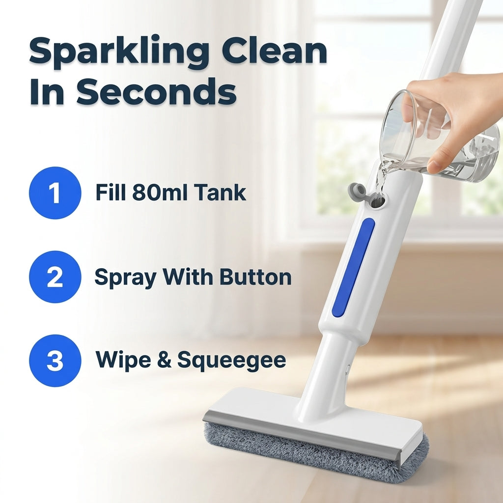 Arenzza 2-in-1 window cleaner with a streak-free shine, showing 8 steps for cleaning windows and mirrors effectively.