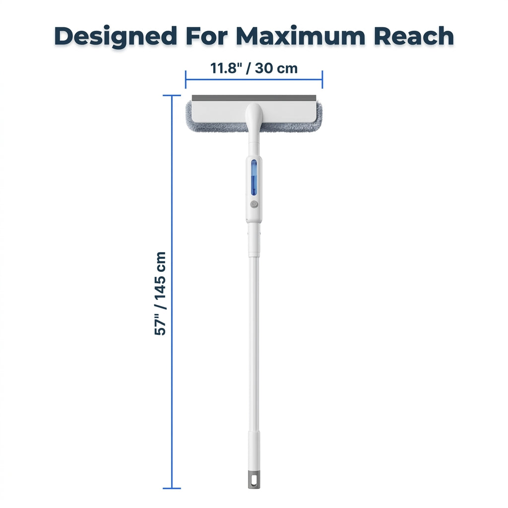 Arenzza 2-in-1 window cleaner and mirror cleaner showing a diagram of its 6-dimension size for streak-free shine.