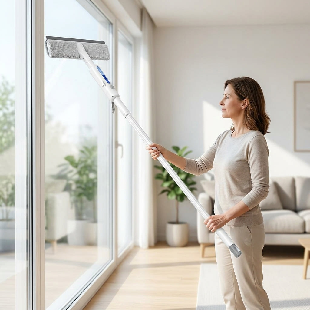 Arenzza 2-in-1 window and mirror cleaner spray in use, providing a streak-free shine on glass surfaces in a home setting.