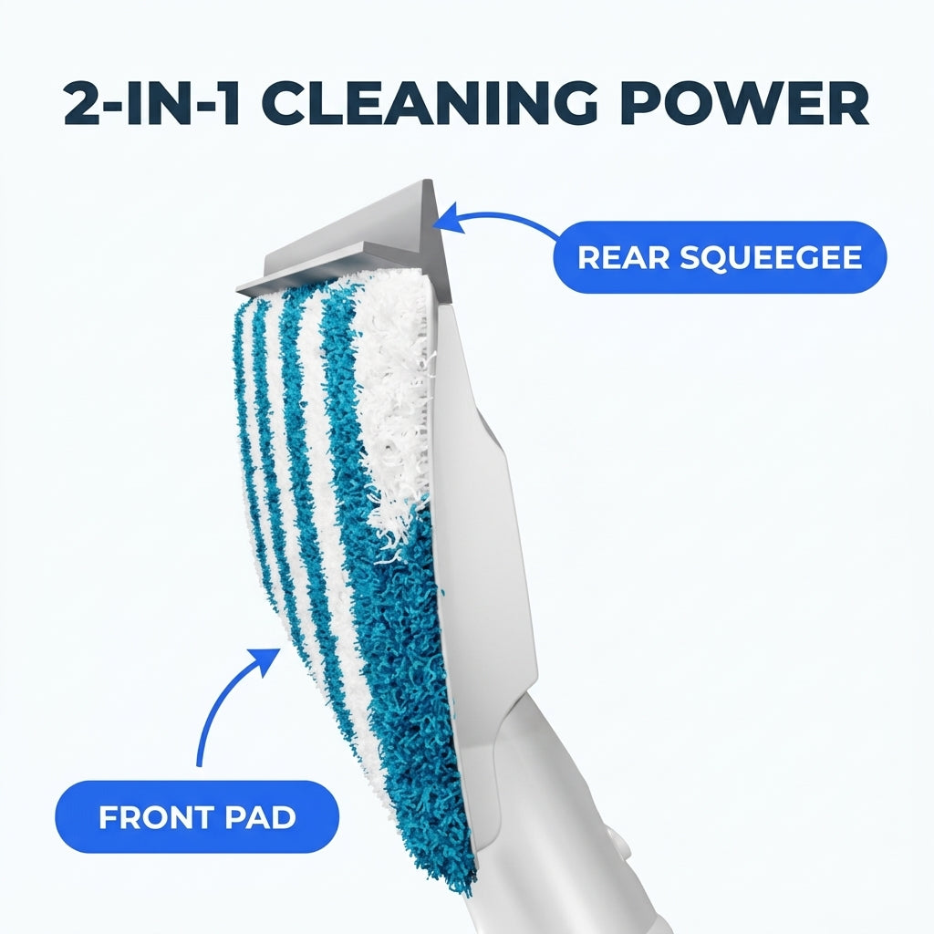 Arenzza 2-in-1 window cleaner bottle with spray nozzle, showing a sparkling clean window for streak-free shine.