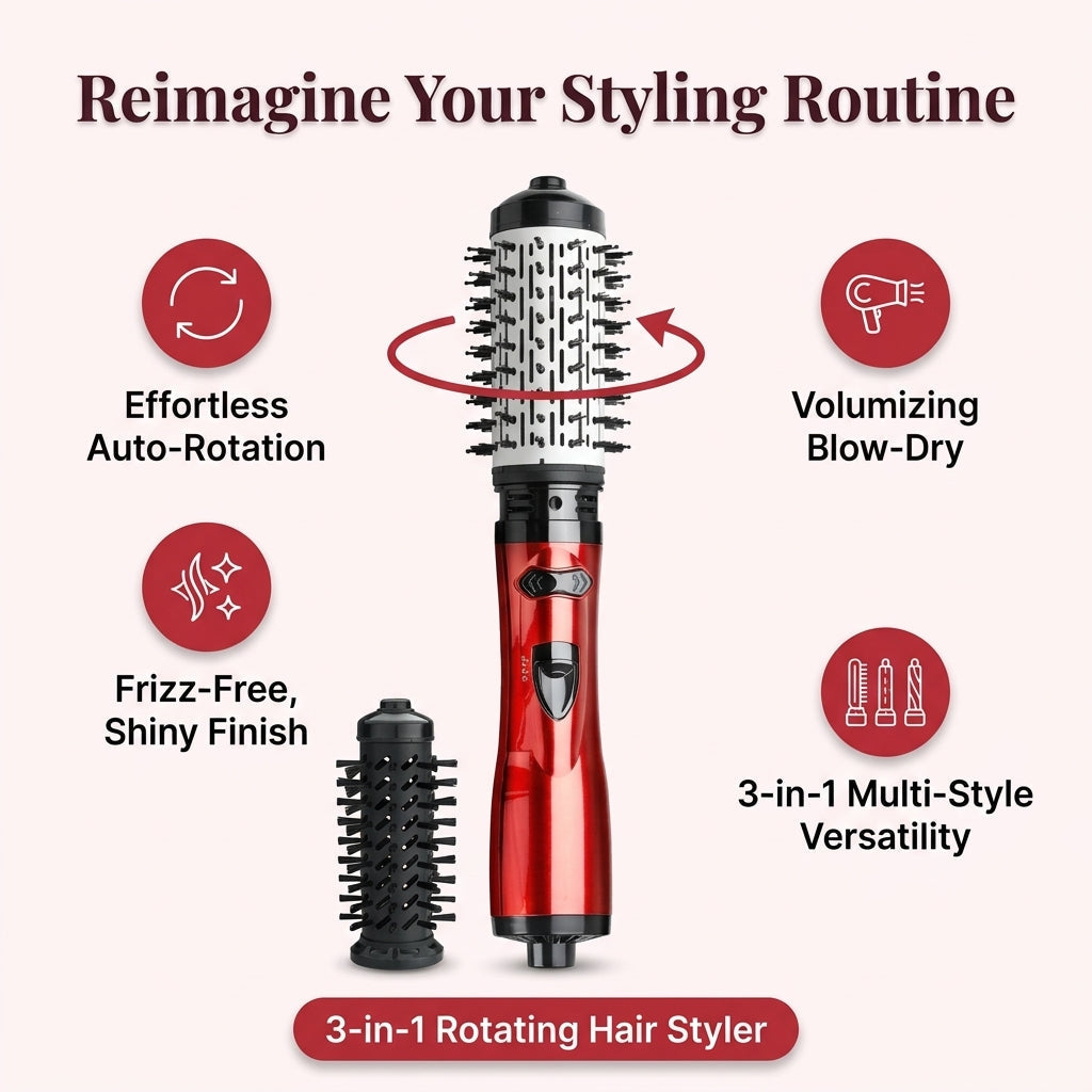 Arenzza 3-in-1 rotating hair styler for salon-quality blowouts, showing the versatile styling tool in use.
