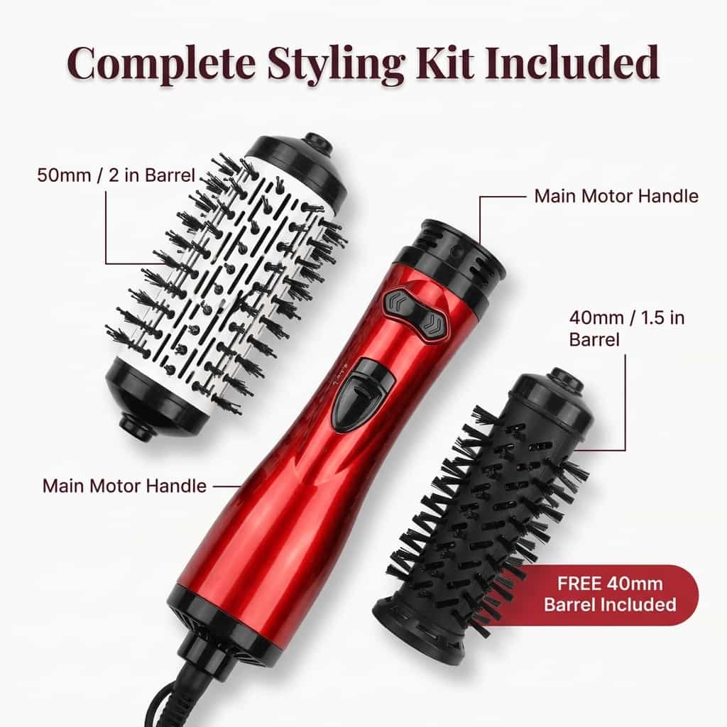 Arenzza 3-in-1 rotating hair styler with multiple attachments for salon-quality blowouts, shown with bundled styling tools.