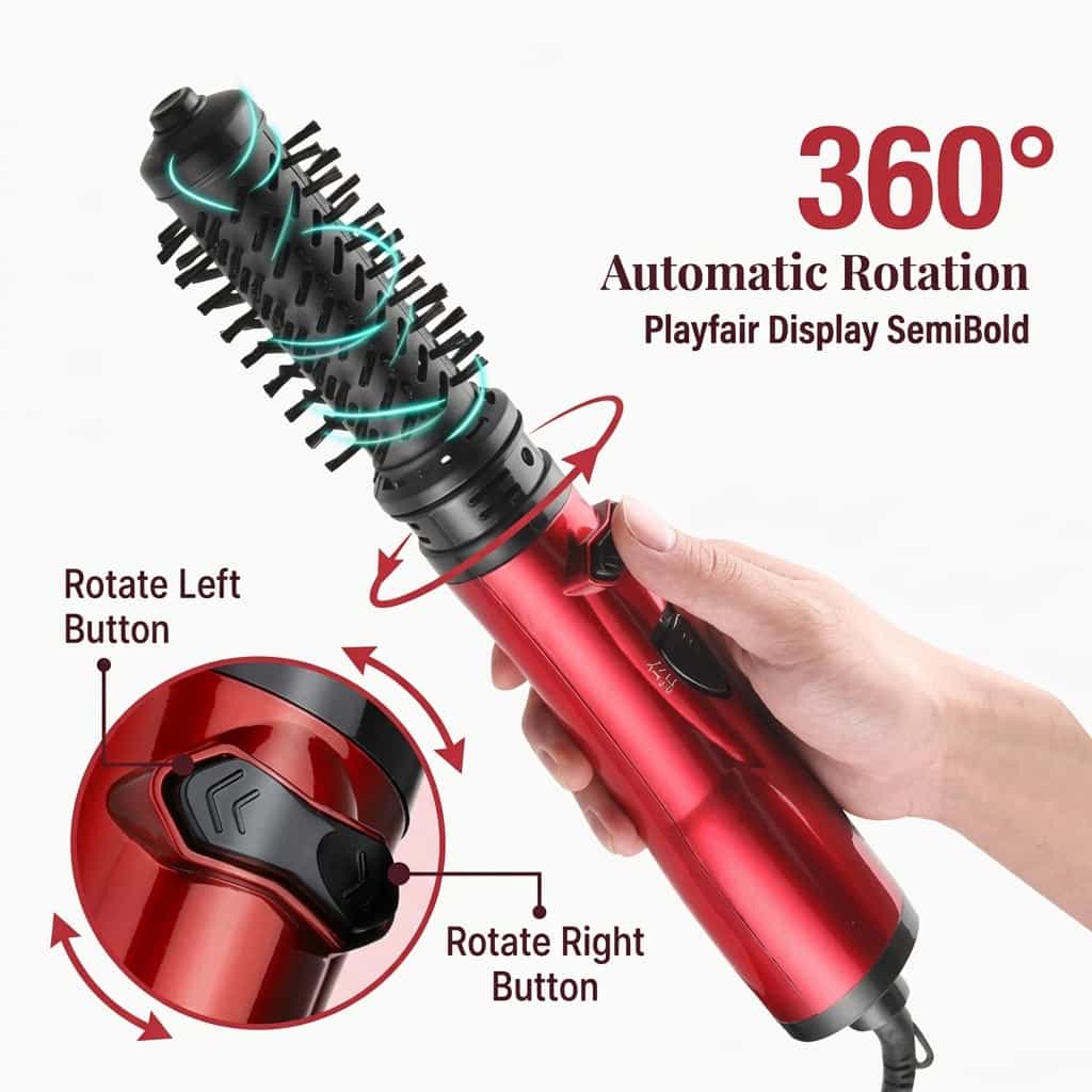 Arenzza 3-in-1 rotating hair styler with multiple attachments for salon-quality blowouts and styling in seconds.