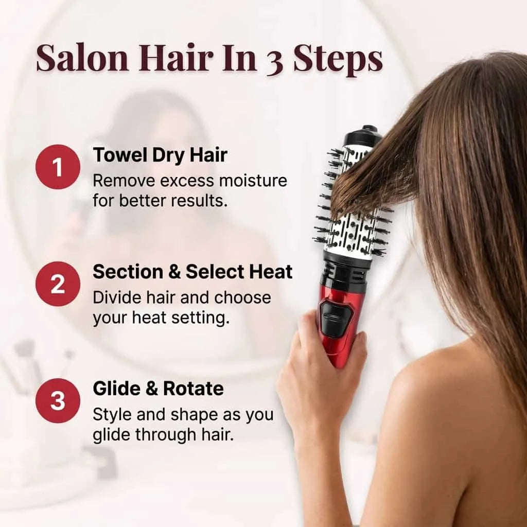 Arenzza 3-in-1 rotating hair styler for salon-quality blowouts, featuring multiple styling attachments in a sleek design.