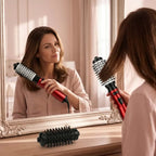 Arenzza 3-in-1 rotating hair styler for salon-quality blowouts, shown in use on a woman with styled hair in a lifestyle scene.