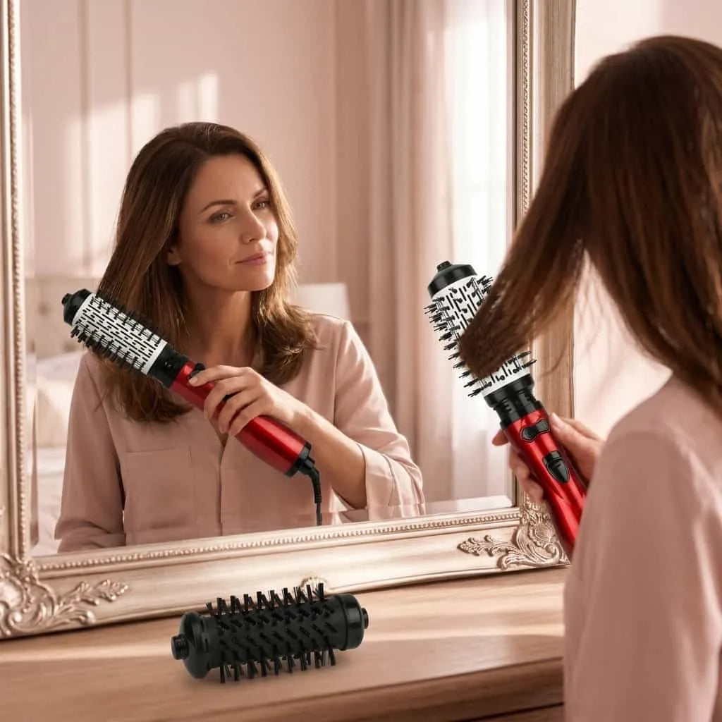 Arenzza 3-in-1 rotating hair styler for salon-quality blowouts, shown in use on a woman with styled hair in a lifestyle scene.
