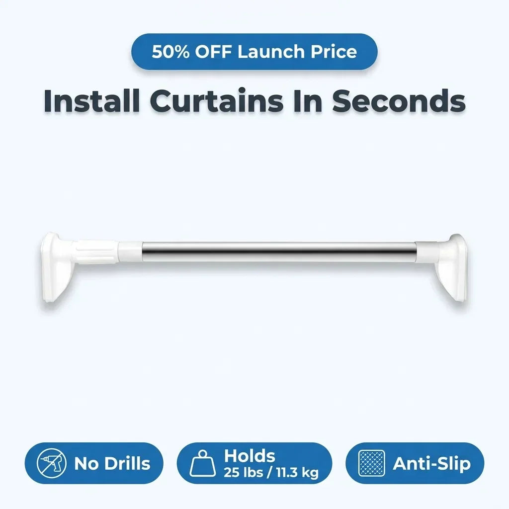Aarenzza Adjustable Curtain Pole with Twist Fit, featuring a sleek design and snap-in gliding grip for easy installation.