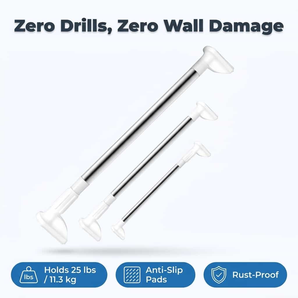 Aarenzza adjustable curtain pole with twist-fit mechanism, shown in a modern home setting, ideal for versatile window dressing.